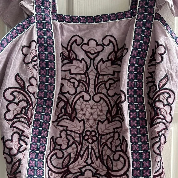 Anthropologie Lavender Embroidered Ruffle-Sleeve Top - Picture 4 of 9